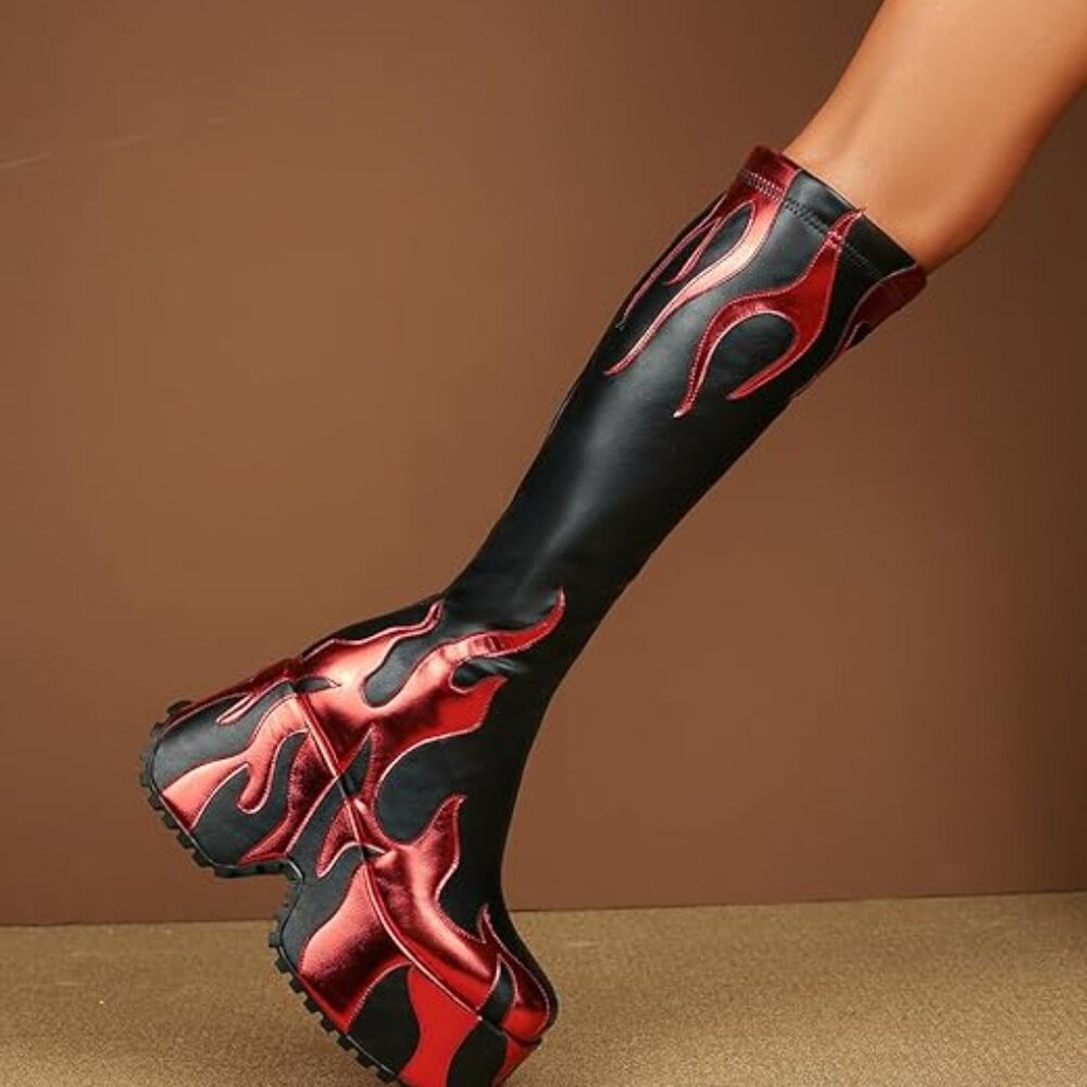 Women’s side zipper high fire red heeled boots - Picture 6 of 6